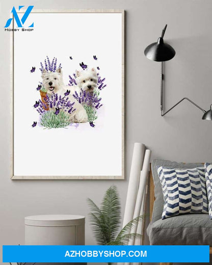 Westie with lavender flower poster