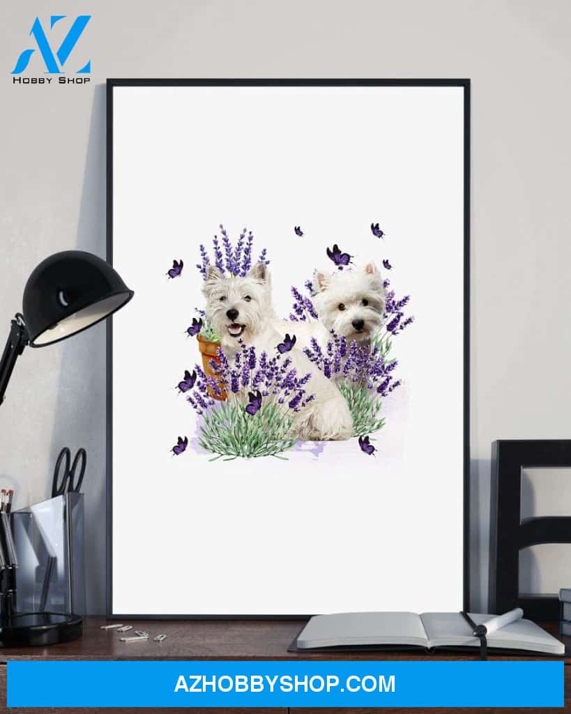 Westie with lavender flower poster