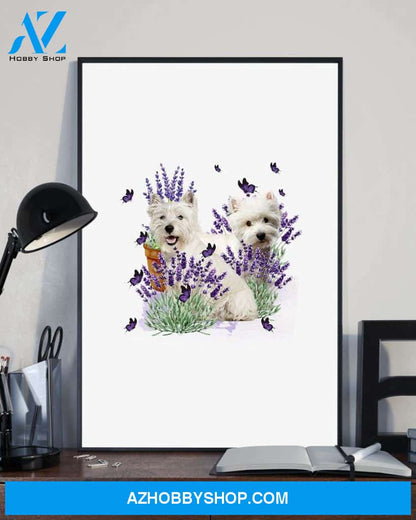 Westie with lavender flower poster