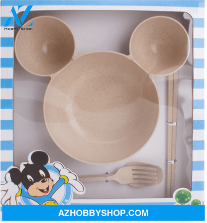 Wheat Straw Childrens Bowl Cartoon Chopsticks Fork Spoon Fruit Dish Mickeys Lovely Gift Set Beige