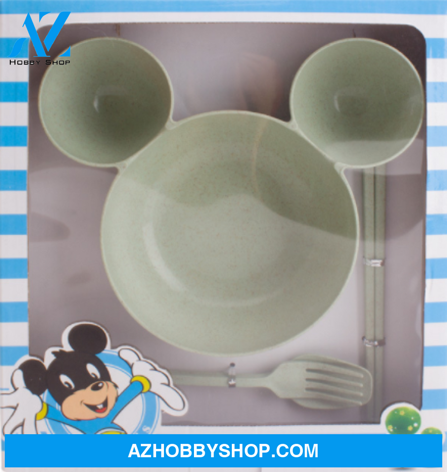 Wheat Straw Childrens Bowl Cartoon Chopsticks Fork Spoon Fruit Dish Mickeys Lovely Gift Set Green