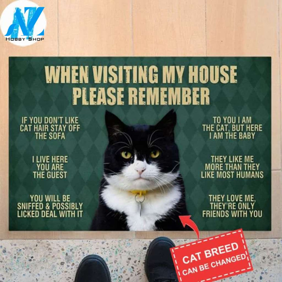 When Visiting My House Please Remember – Custom Cat , Cat Owner New House Gift, Welcome Cat Front Rugs, Cute Outdoor Mat, Cat Doormat