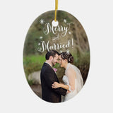 Whimsical Merry & Married First Christmas Photo Ceramic Ornament