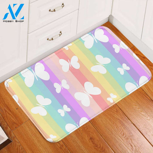 White Butterflies Rainbow Door Mat