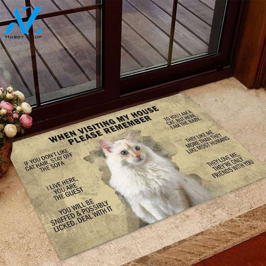 White cat when visiting my house Doormat | Welcome Mat | House Warming Gift