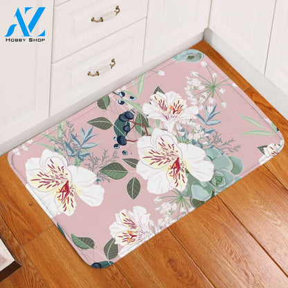 White Flowers Pinkish Door Mat