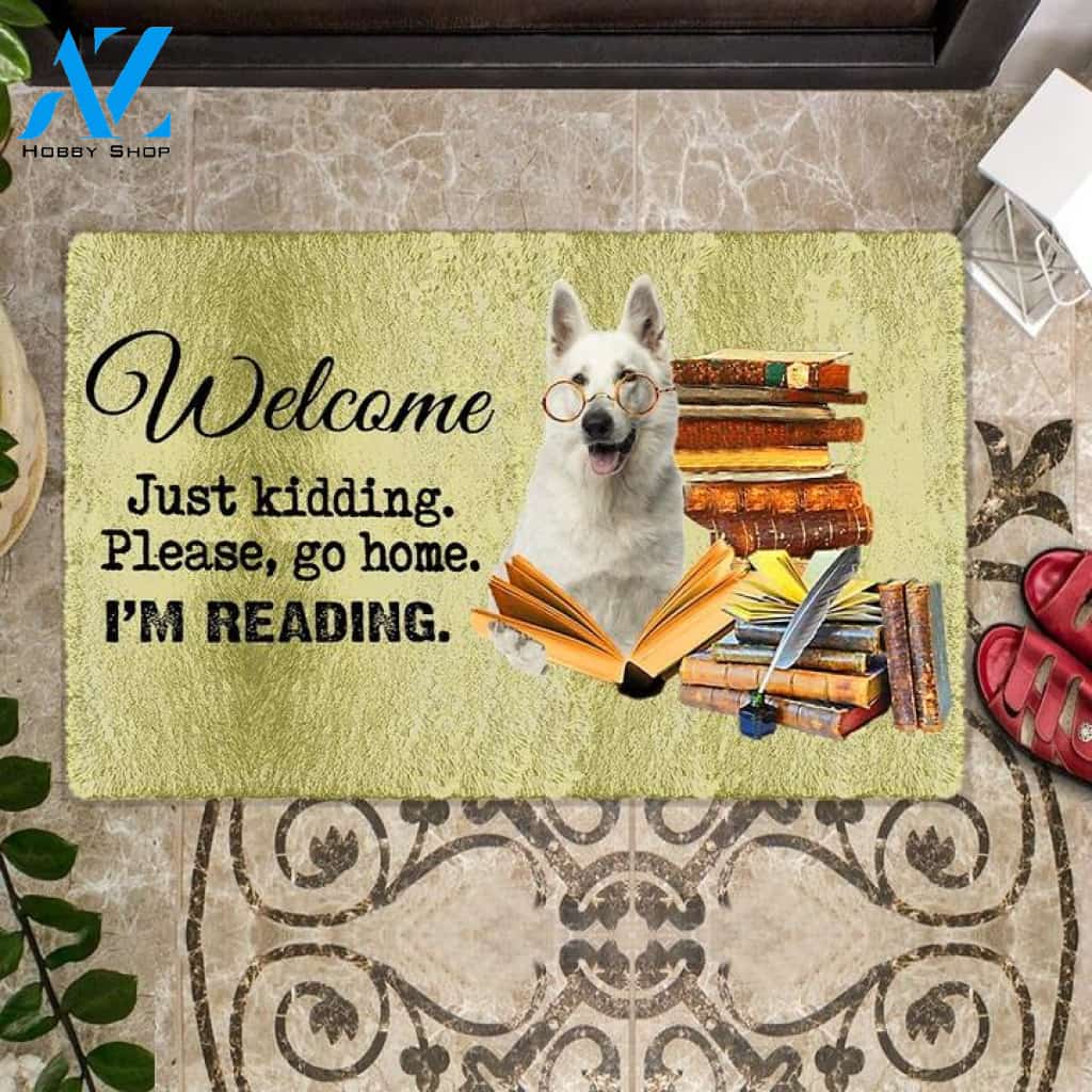 White German Shepherd I'm Reading Dog Doormat