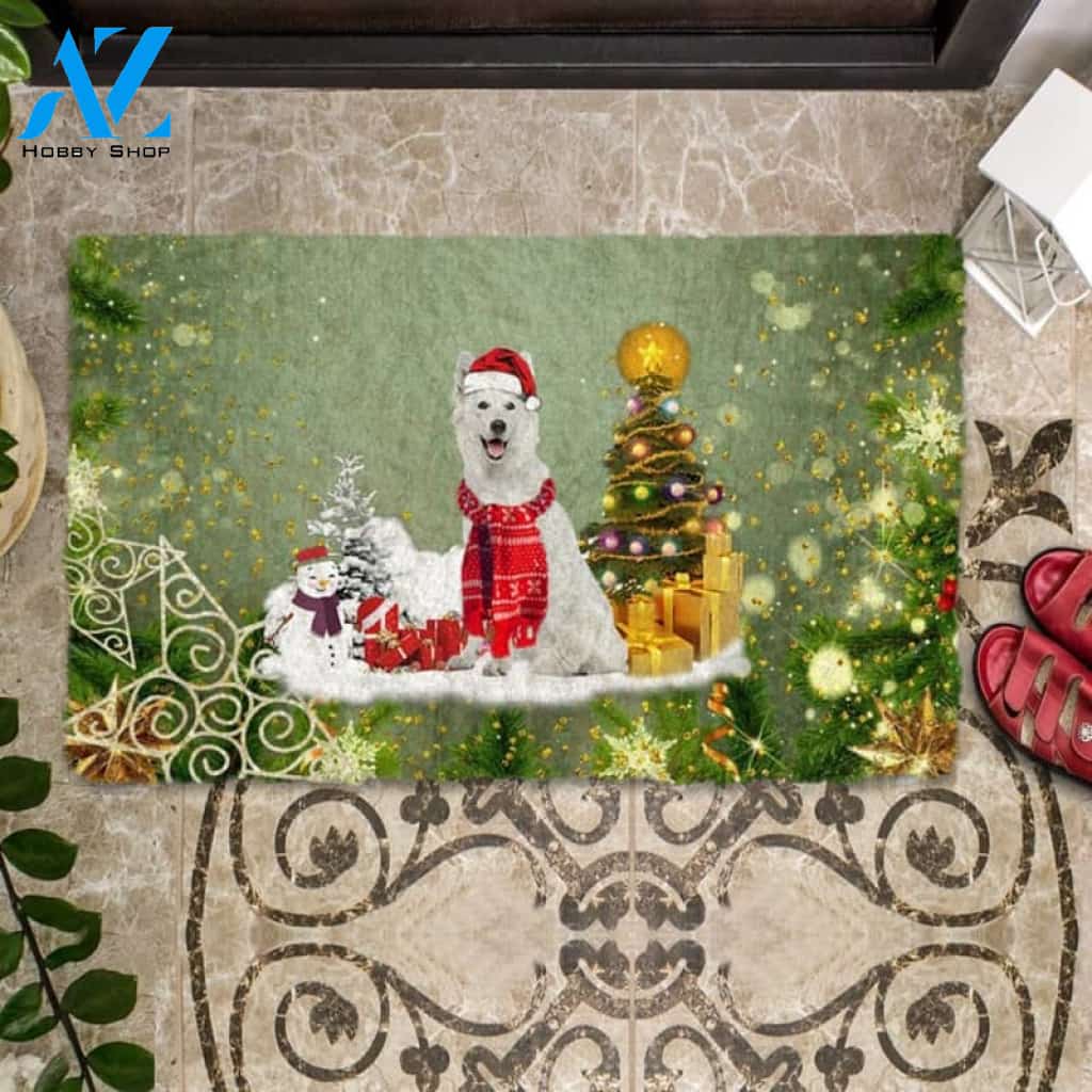White German Shepherd Merry Christmas Doormat