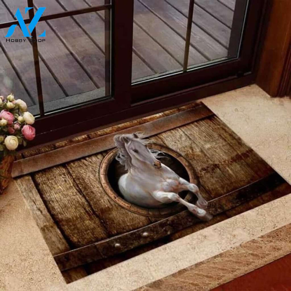 White Horse Wood Pattern Print Doormat | Welcome Mat | House Warming Gift
