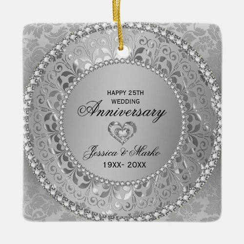 White Diamonds And Silver Damask 25Th Anniversary Ceramic Ornament
