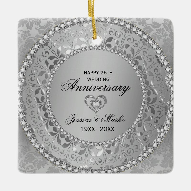 White Diamonds And Silver Damask 25Th Anniversary Ceramic Ornament