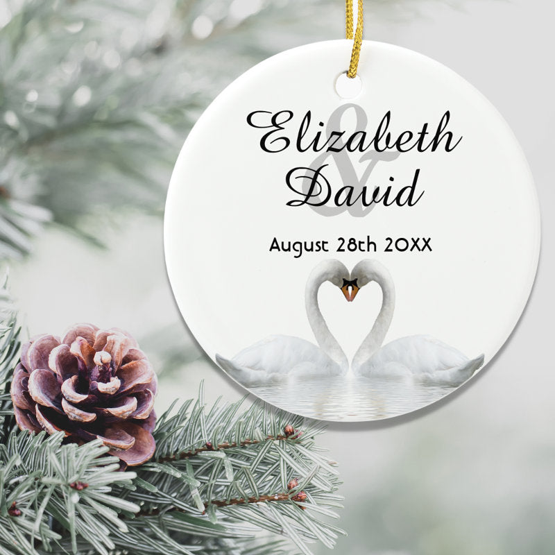 White Swans In Love With Names Wedding Ceramic Ornament