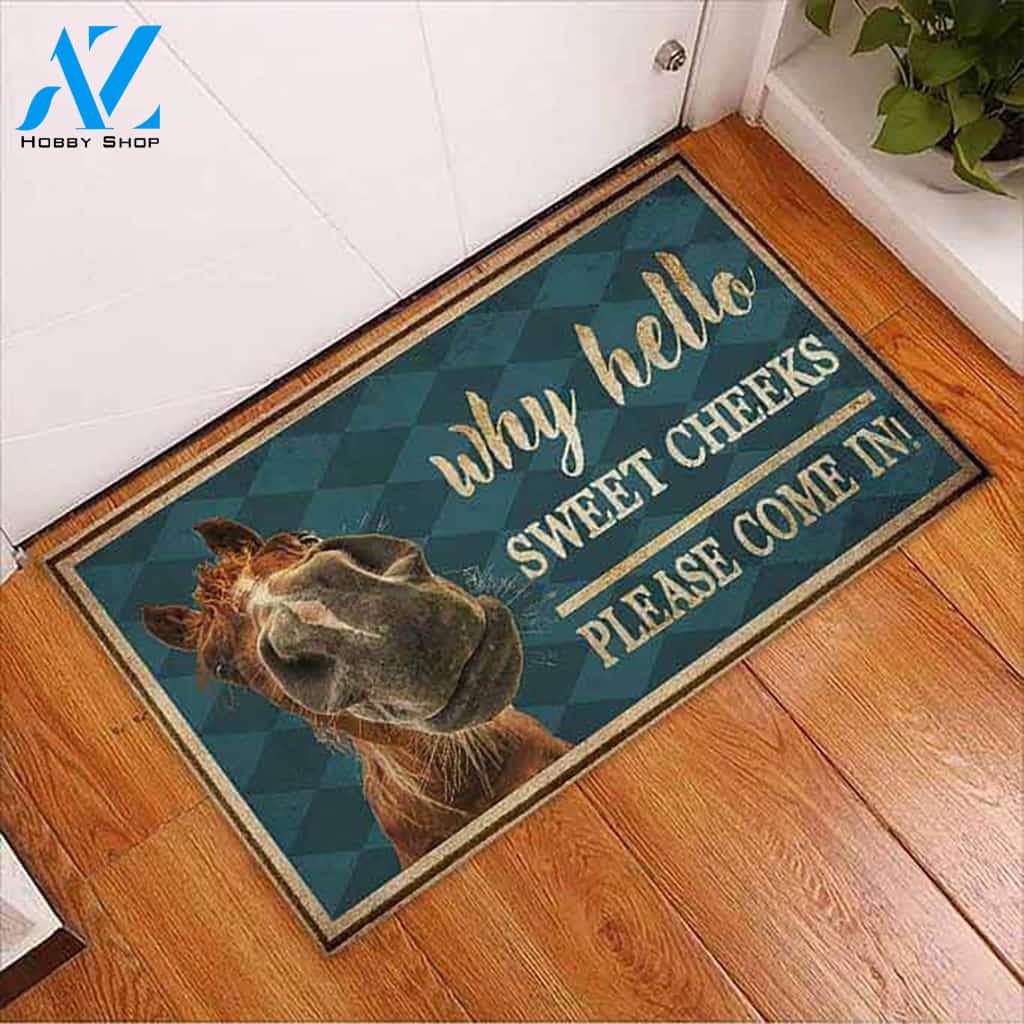 Why Hello Sweet Cheeks Please Come In Horse Doormat Welcome Mat Housewarming Gift Home Decor Farmhouse Funny Doormat Gift Idea For Horse Lovers