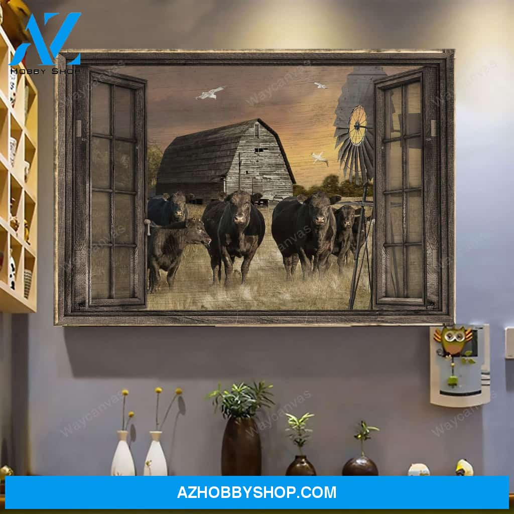 Window barn with angus cows - Farm Landscape Canvas Prints - Wall Art