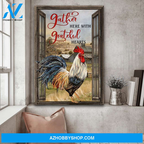 Window barn with rooster - Gather here with grateful hearts - Jesus Portrait Canvas Prints - Wall Art