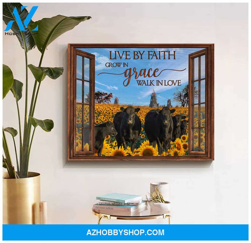 Window Farm Angus Cows Live By Faith Poster Canvas Wall Decor Visual Art, Farmhouse Decor