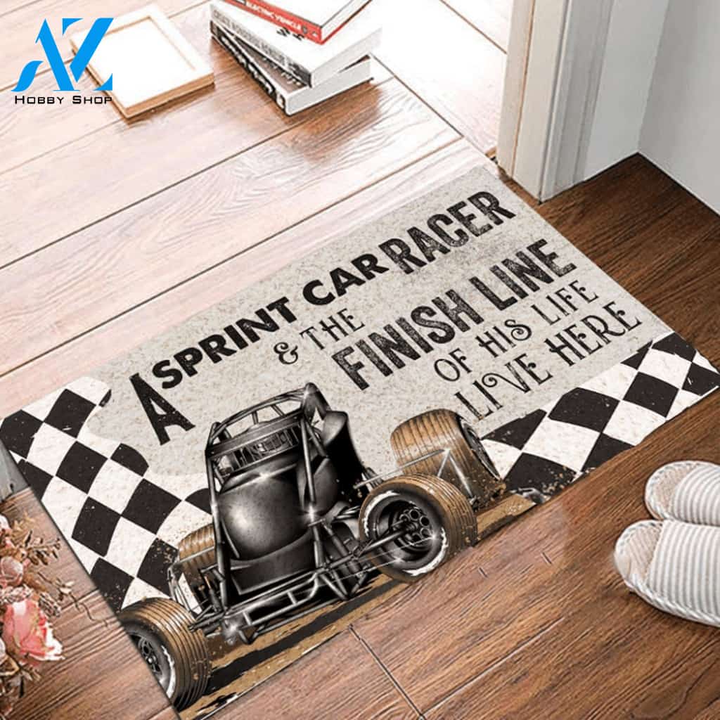 Wingless Sprint Car Racer Lives Here Rubber Base Indoor and Outdoor Doormat Warm House Gift Welcome Mat Gift For Racer Gift For Friend Family