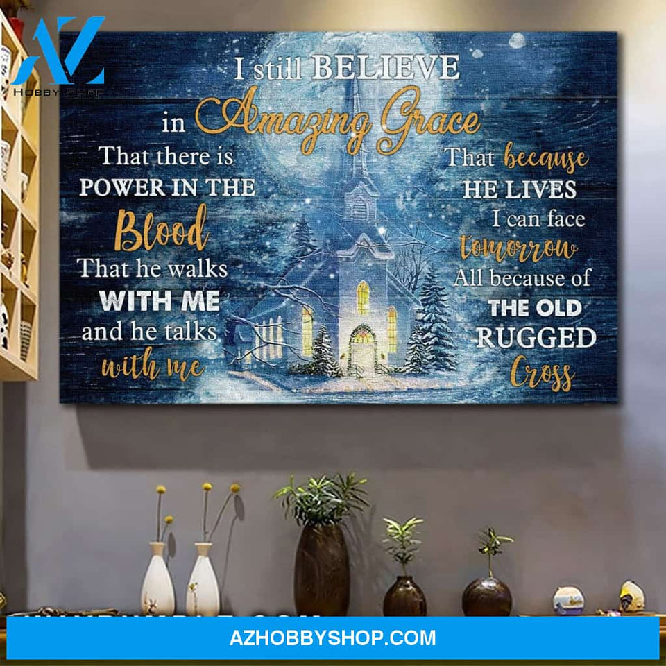 Winter forest, Church painting, I still believe in amazing grace - Jesus, Winter night painting Landscape Canvas Prints, Wall Art