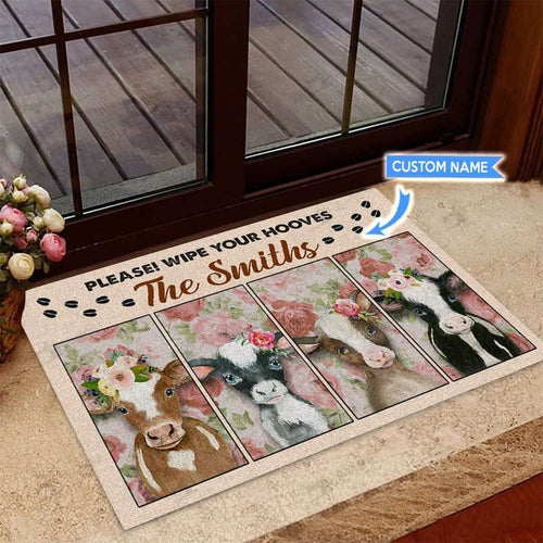 Wipe Your Hooves Cows Personalized Custom Name Doormat Welcome Mat