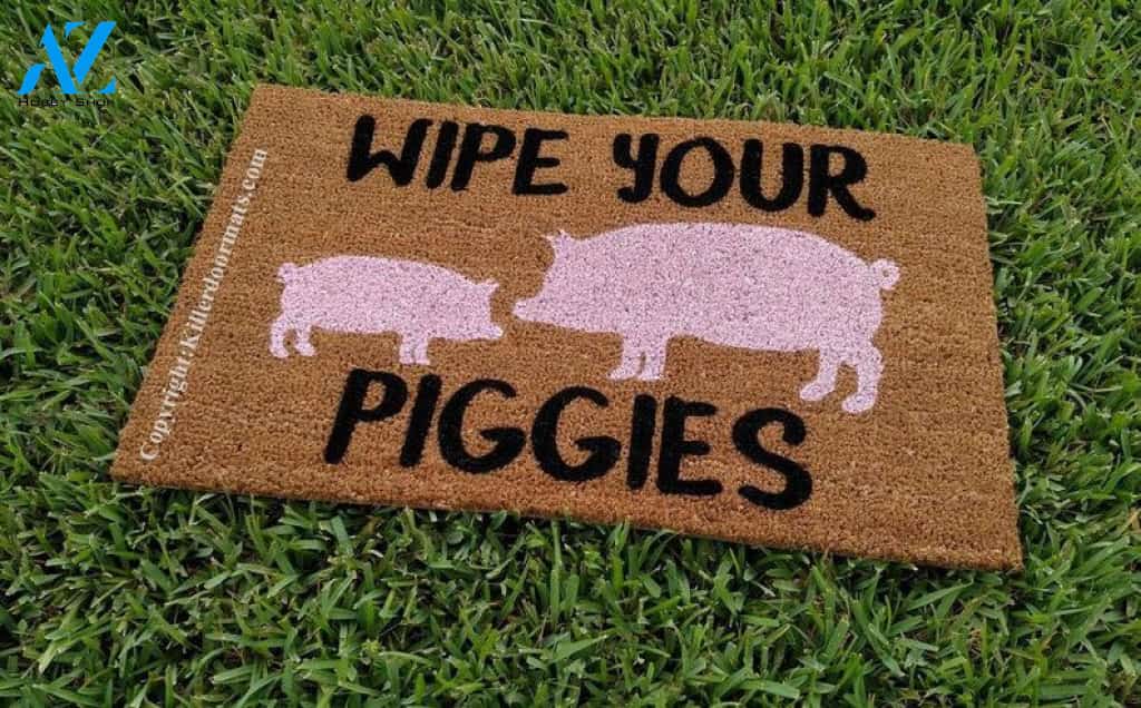 Wipe Your Piggies Custom Cute Pig Handpainted Welcome Doormat by Killer Doormats