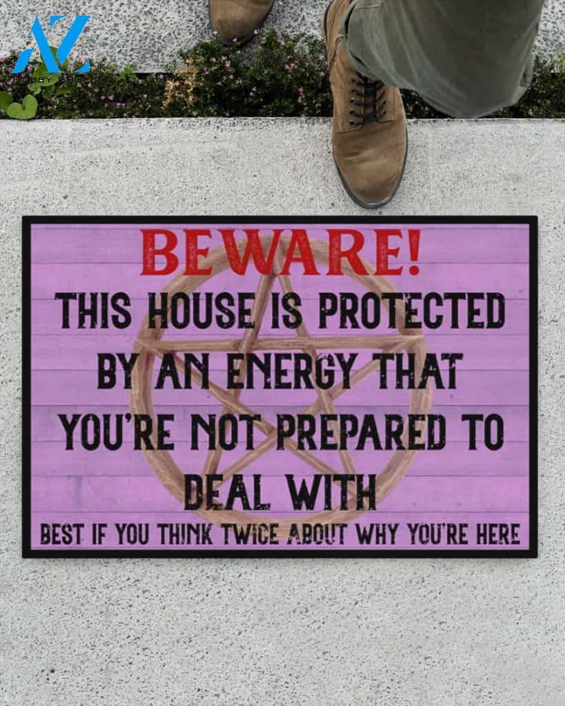Witch Beware This House Is Protected By An Energy Funny Indoor And Outdoor Doormat Warm House Gift Welcome Mat Halloween Decor
