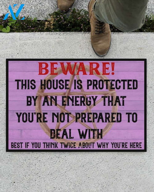 Witch Beware This House Is Protected By An Energy Funny Indoor And Outdoor Doormat Warm House Gift Welcome Mat Halloween Decor