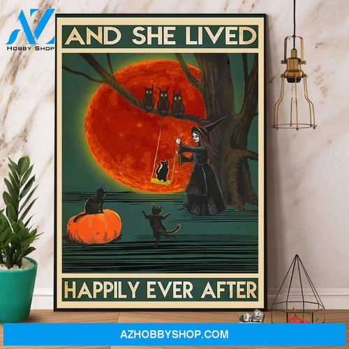 Witch & Cat And She Lived Happily Ever After Canvas And Poster, Wall Decor Visual Art, Halloween Gift, Happy Halloween