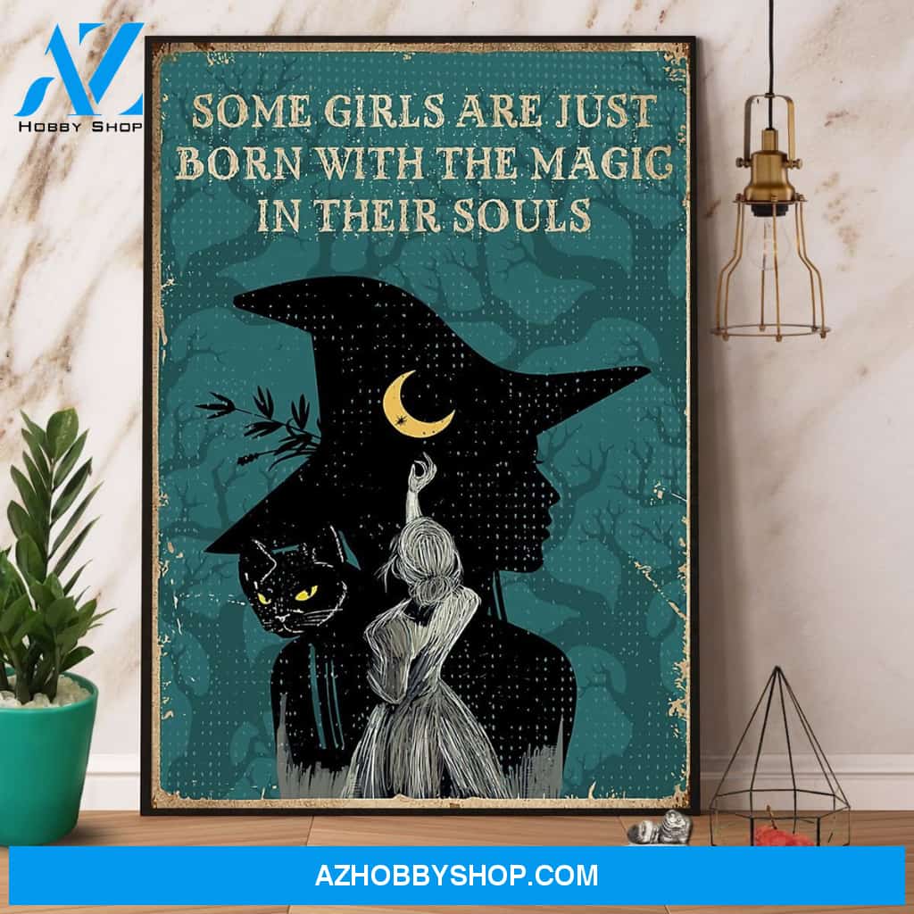 Witch Cat & Moon Some Girls Are Just Born With The Magic In Their Souls Halloween Gift Canvas And Poster, Wall Decor Visual Art