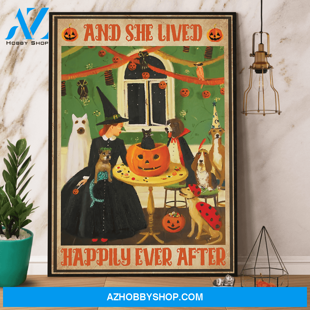 Witch & Dog And She Lived Happily Ever After Halloween Canvas And Poster, Wall Decor Visual Art, Halloween Gift, Happy Halloween