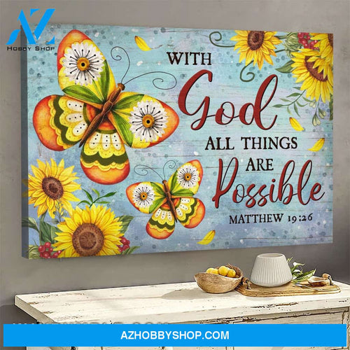 With God all things are possible - Jesus, Sunflower, Butterfly painting Landscape Canvas Prints, Wall Art