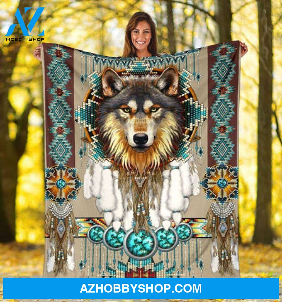 Wolf Blanket, Wolf Native Style Dream Catcher Fleece Blanket