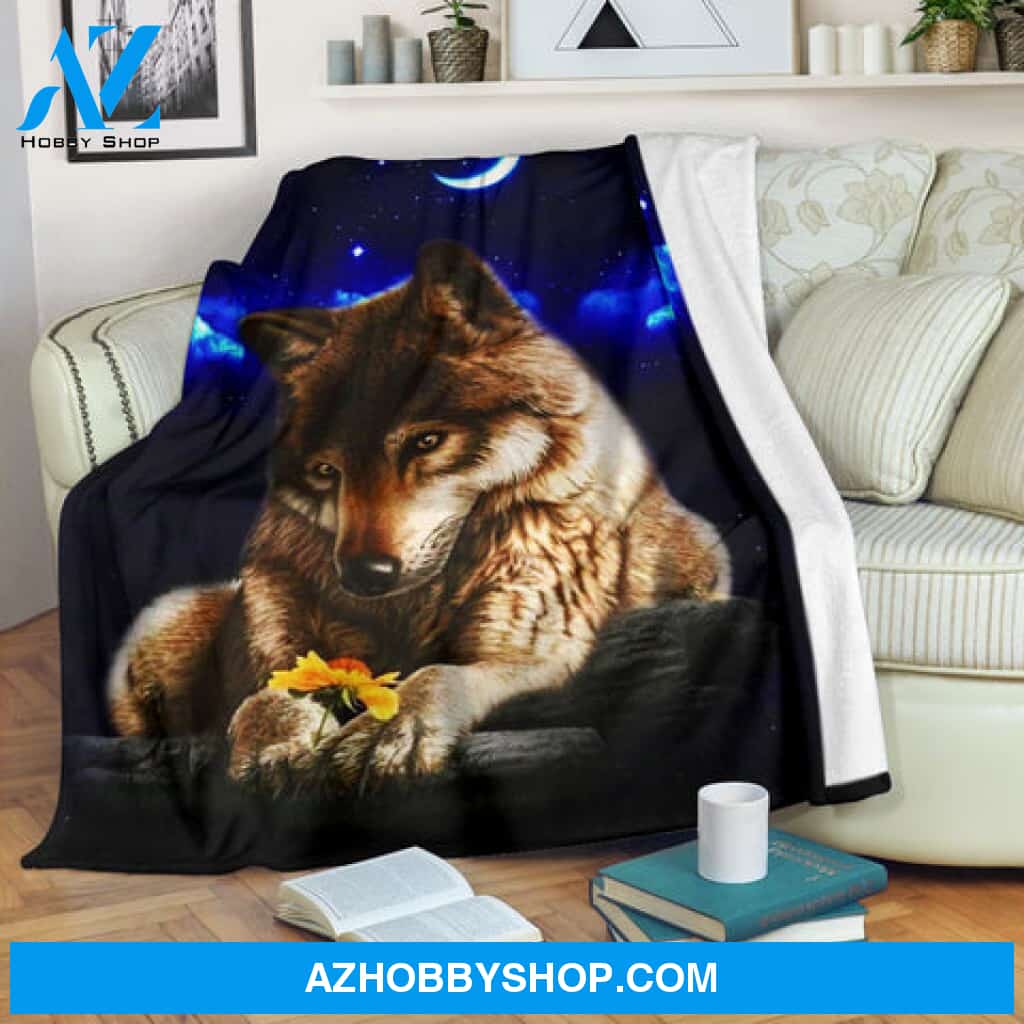 Wolf Blanket, Wolf with sunflower in winter night, Wolf Lover