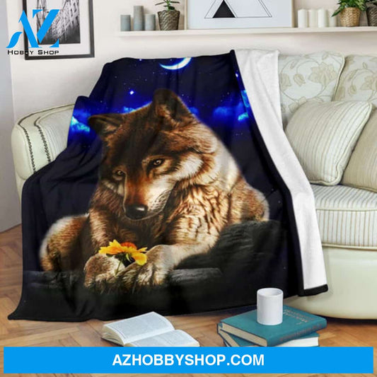 Wolf Blanket, Wolf with sunflower in winter night, Wolf Lover