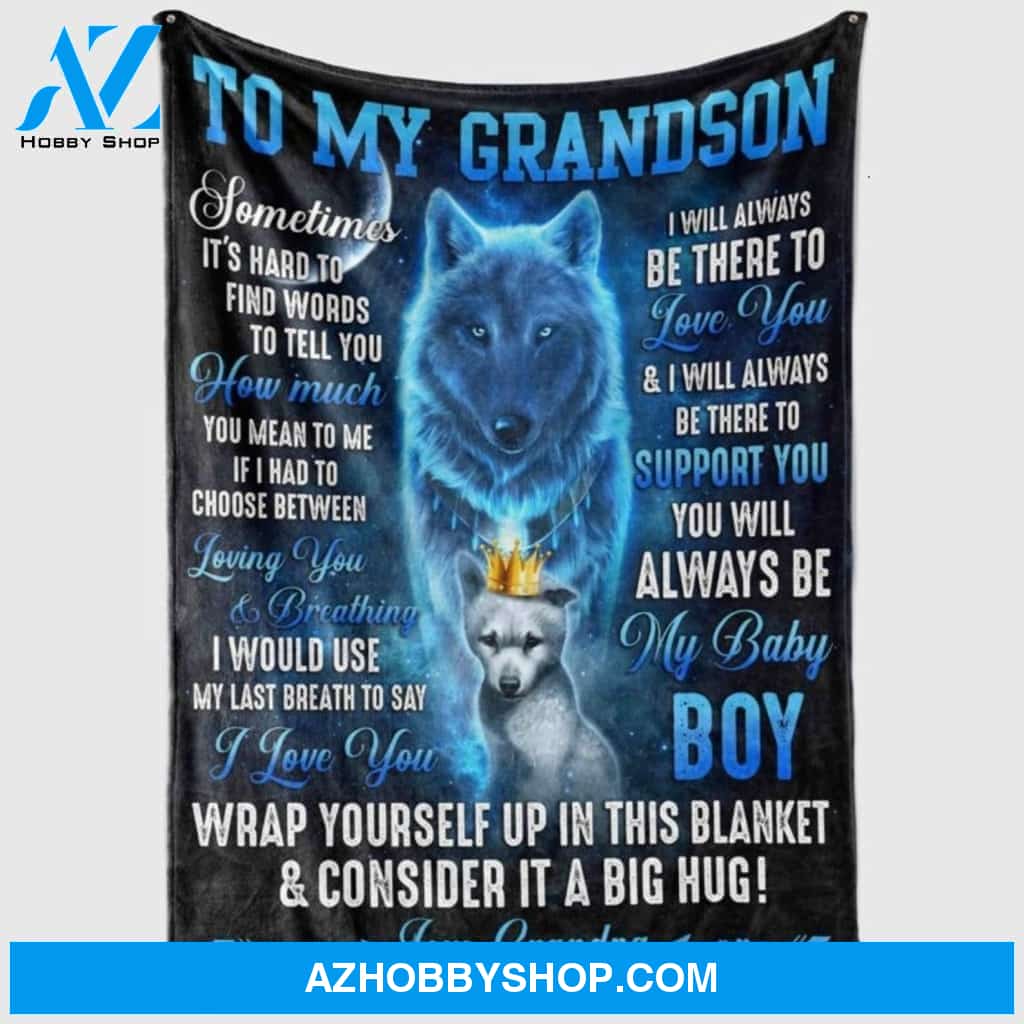 Personalized Wolf To My Grandson Fleece Blanket From Grandpa Sometimes It’s Hard To Find Words Great Customized Gifts For Birthday Christmas Thanksgiving