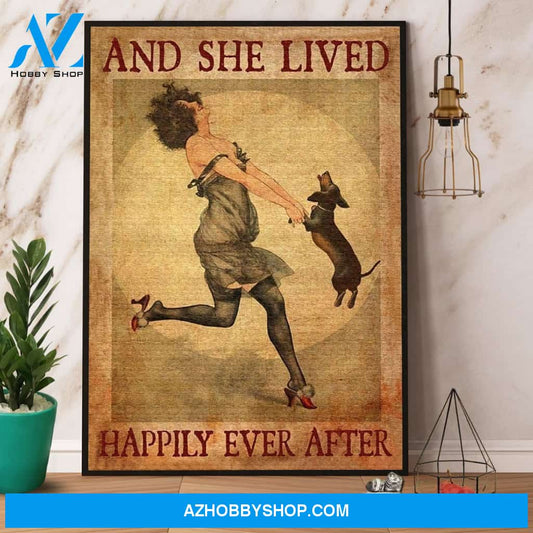 Woman And Dachshund And She Lived Happily Ever After Canvas And Poster, Wall Decor Visual Art