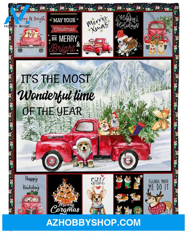 Wonderful Time Red Truck And Corgis Christmas Blanket Gift for Dog Lovers Birthday Gift Home Decor Bedding Couch Sofa Soft and Comfy Cozy