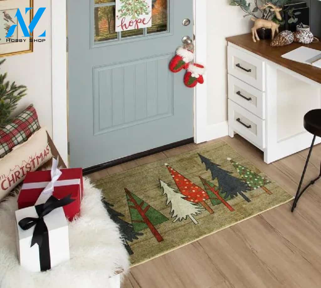 Wooden Holiday Trees Christmas Doormat Indoor And Outdoor Mat Entrance Rug Sweet Home Decor Housewarming Gift Gift Friend Family Christmas Holiday