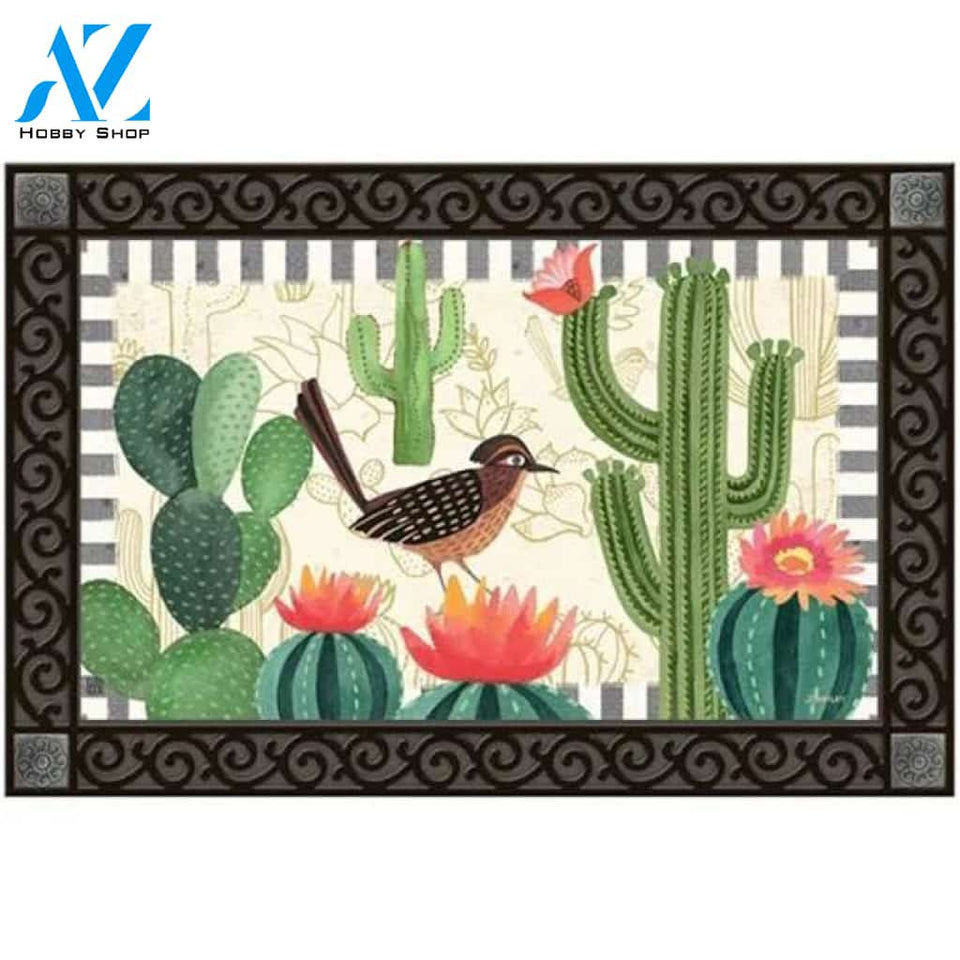 Personalized Name Family House Woodpecker In Cactus Garden Flower Doormat Indoor And Outdoor Mat Entrance Rug Sweet Home Decor Closing Gift Gift For Friend Family Plant Flower Lovers Gift Idea