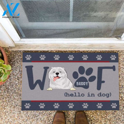 Woof Hello In Dog - Personalized Doormat