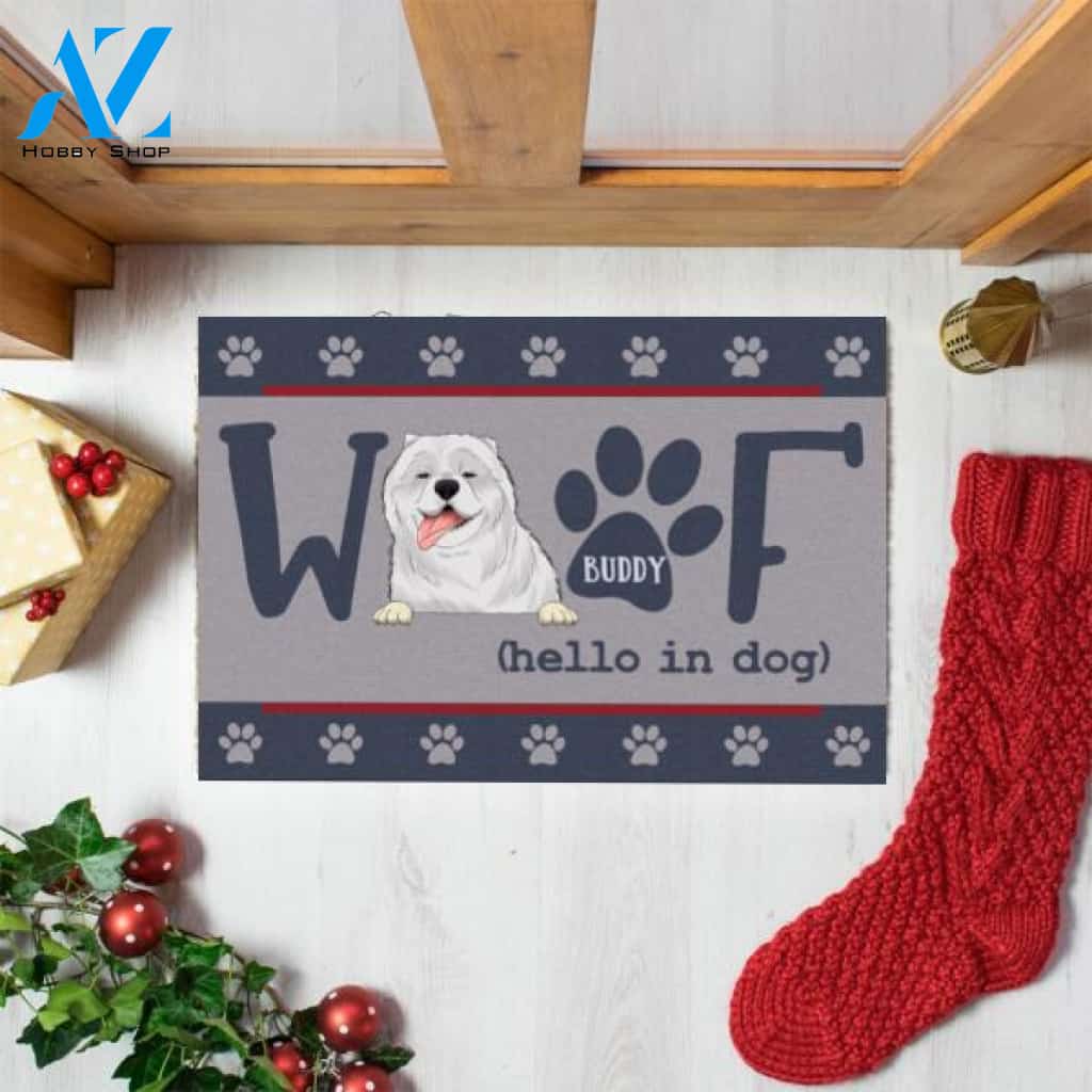 Woof Hello In Dog - Personalized Doormat