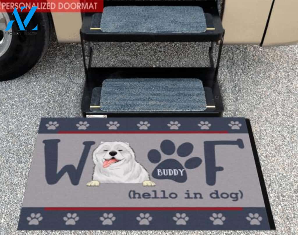 Woof Hello In Dog - Personalized Doormat
