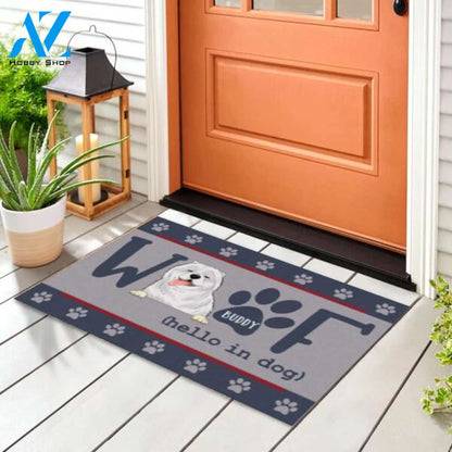 Woof Hello In Dog - Personalized Doormat