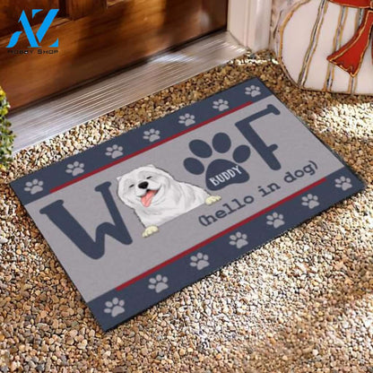 Woof Hello In Dog - Personalized Doormat