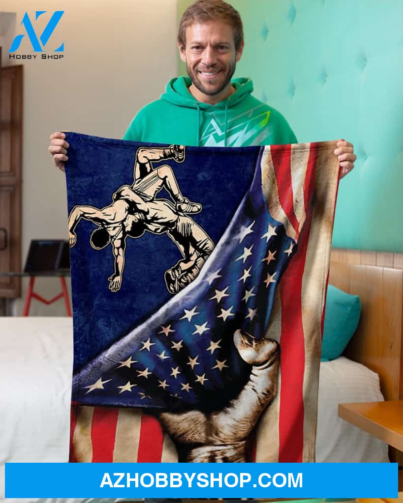 Wrestling American Flag Fleece Blanket Home Decor Bedding Couch Sofa Soft And Comfy Cozy Wrestling Lovers Gift, Gift For Friend Family