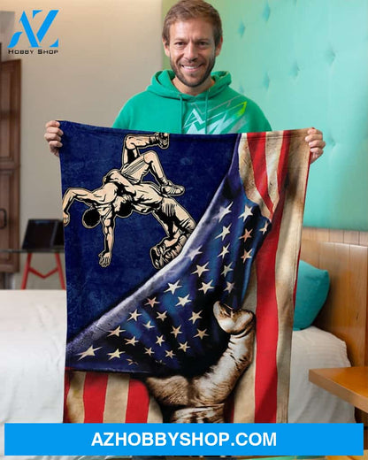 Wrestling American Flag Fleece Blanket Home Decor Bedding Couch Sofa Soft And Comfy Cozy Wrestling Lovers Gift, Gift For Friend Family