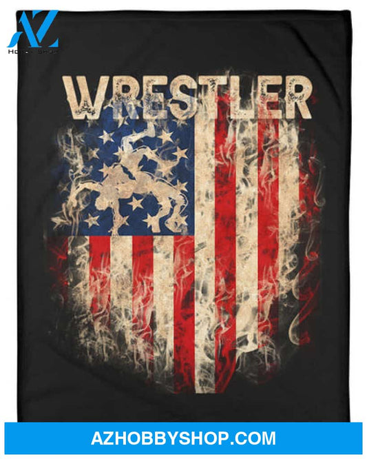 Wrestling Wrestler Fire USA Flag Fleece Blanket 