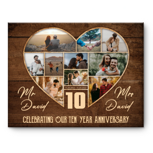 10th Wedding Anniversary Present, Gift For 10th Anniversary, Heart Shape Photo Collage