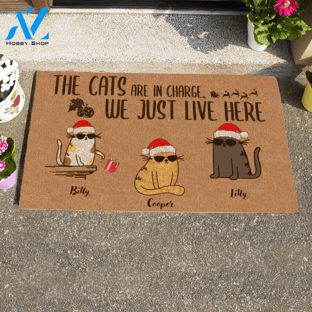 Xmas Cool Cat, The Cats Are In Charge We Just Live Here, Personalized Doormat Gift For Christmas HQ