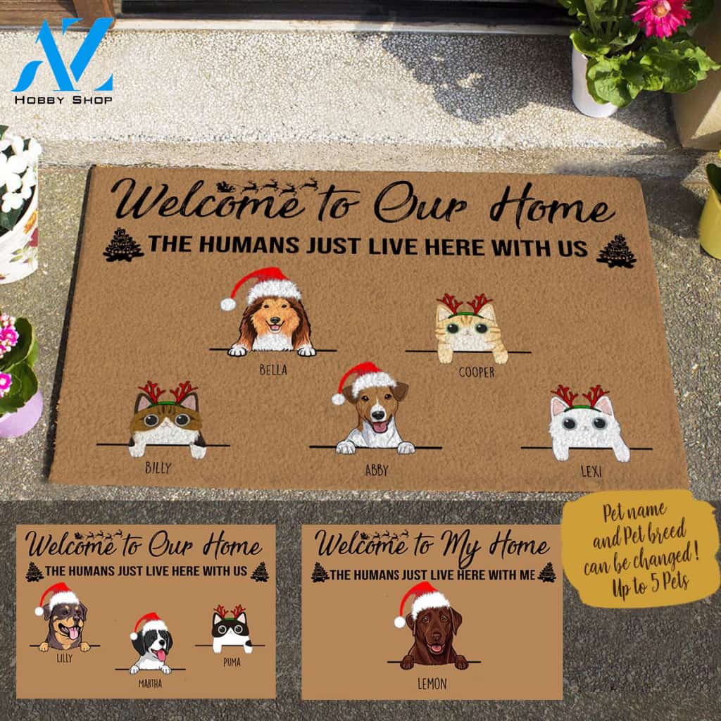Xmas Cute Dog And Cat , Welcome To Our Home The Humans Just Live Here With Us Personalized Doormat Gift For Christmas HQ