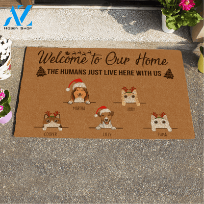 Xmas Cute Dog And Cat , Welcome To Our Home The Humans Just Live Here With Us Personalized Doormat Gift For Christmas HQ